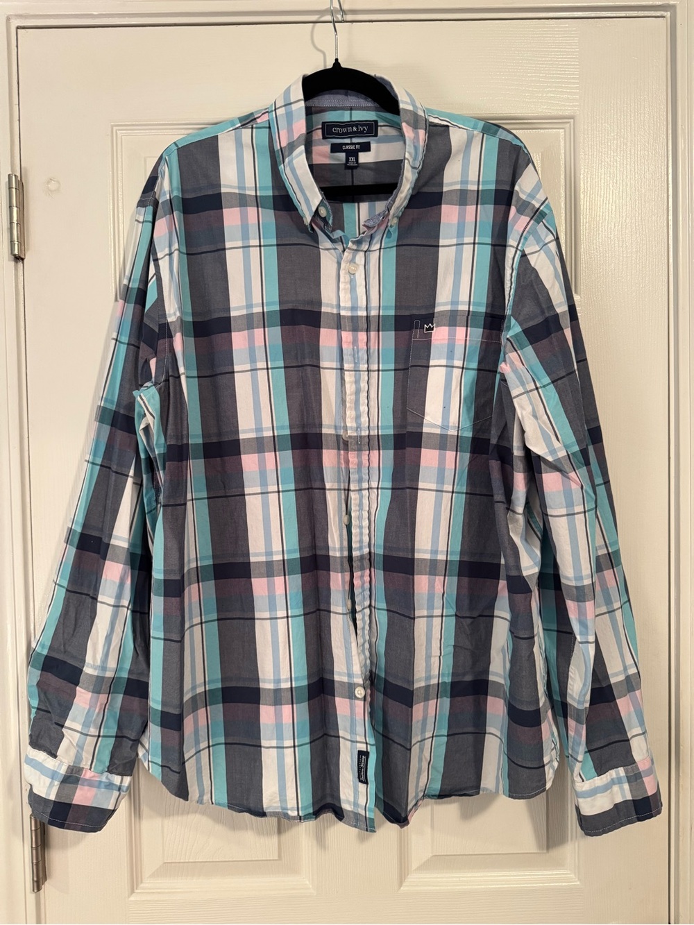 crown & ivy Plaid Button-Down Shirt in Navy, Teal & Pink